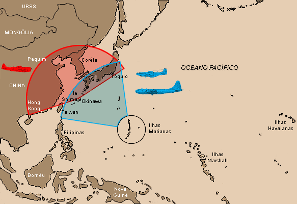 mapa do Pac&iacute;fico - cobertura de miss&otilde;es da USAAF (1944 - 45)